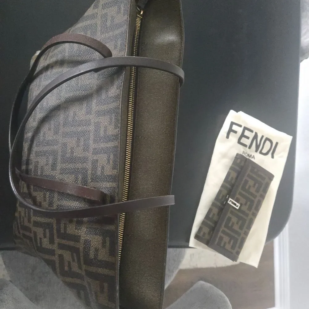 Fendi Zucca Print Brown Zippered Tote And Wallet Set Excellent Used Condition